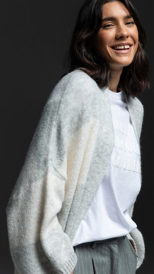 SENSES the Label Long Cardigan mit Blockstreifen cozy grey melange / ivory