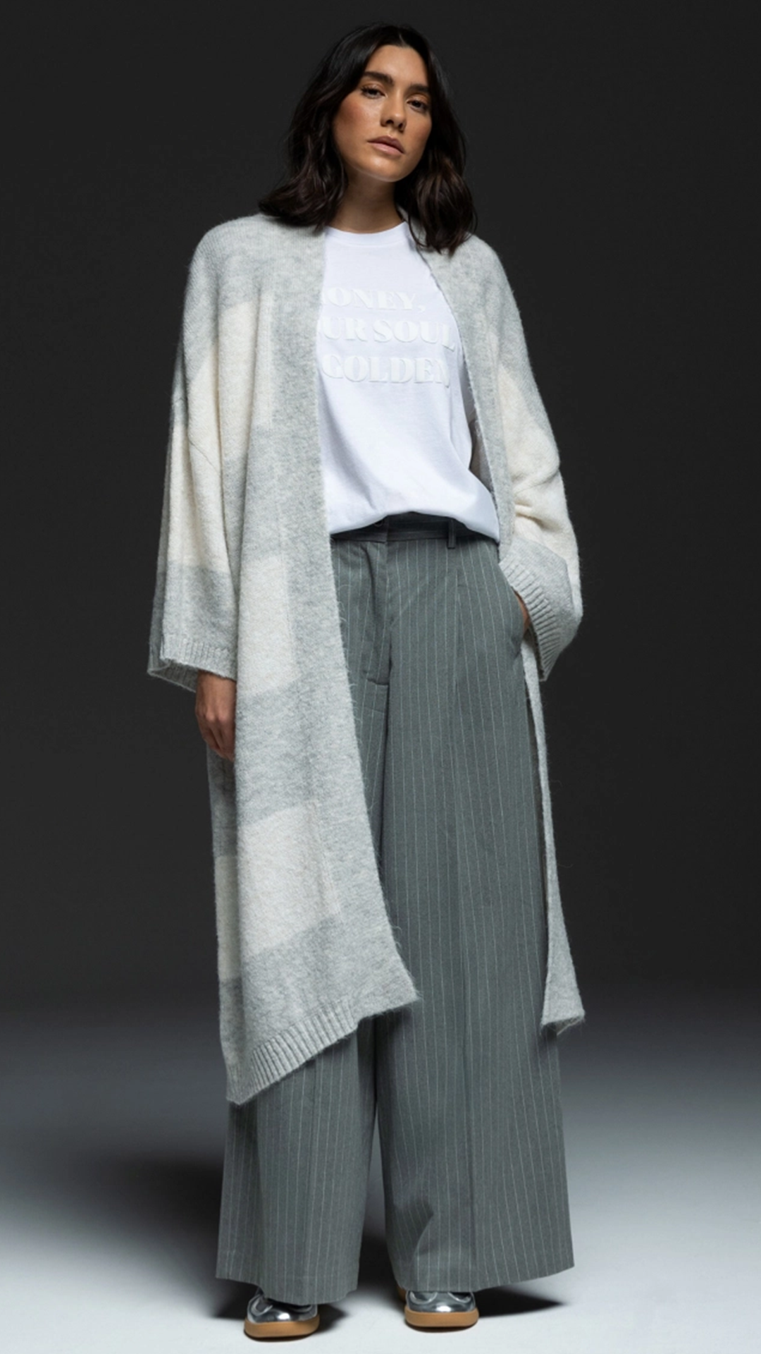 SENSES the Label Long Cardigan mit Blockstreifen cozy grey melange / ivory